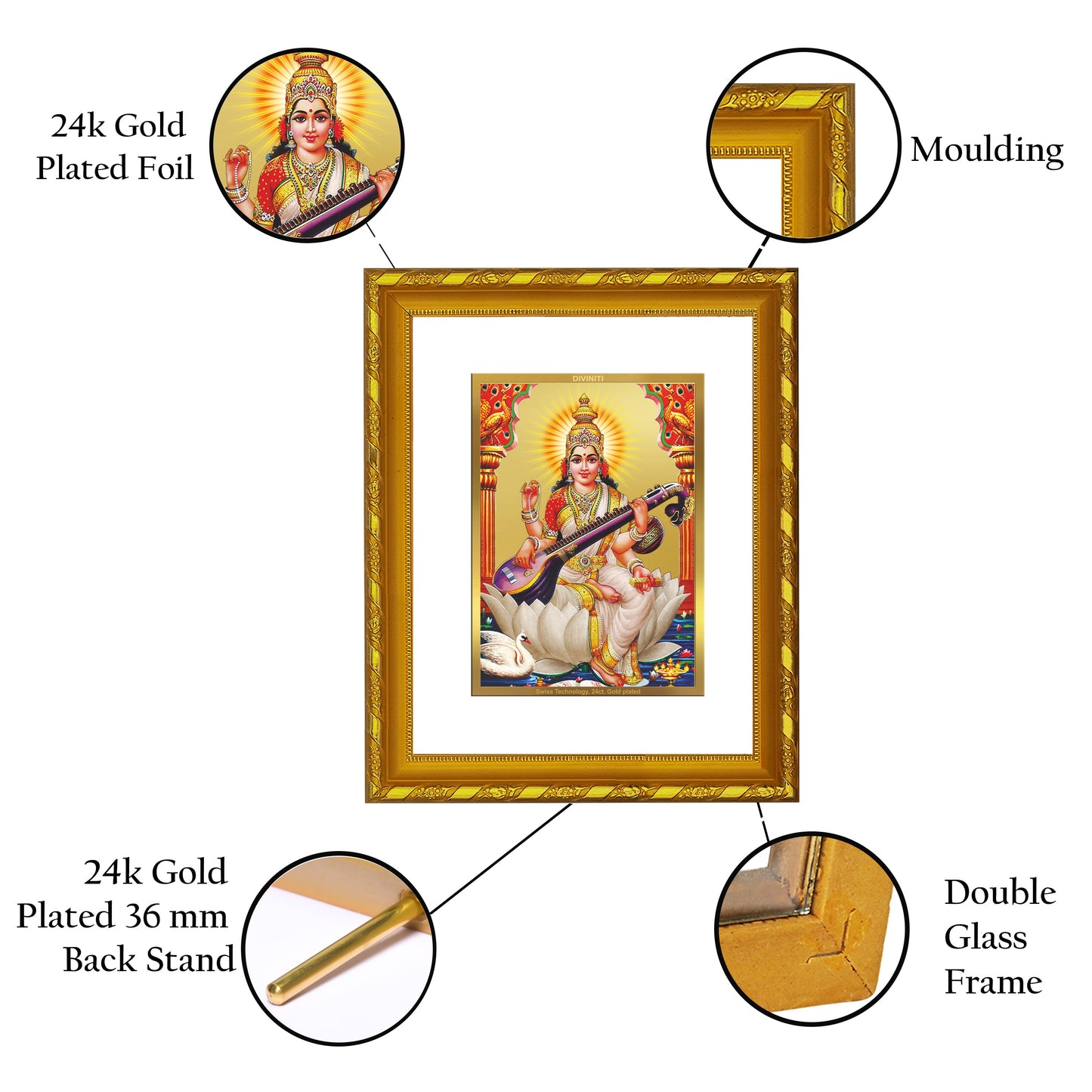 DIVINITI 24K Gold Plated Saraswati Mata Photo Frame For Home Wall Decor, Tabletop (21.5 X 17.5 CM)