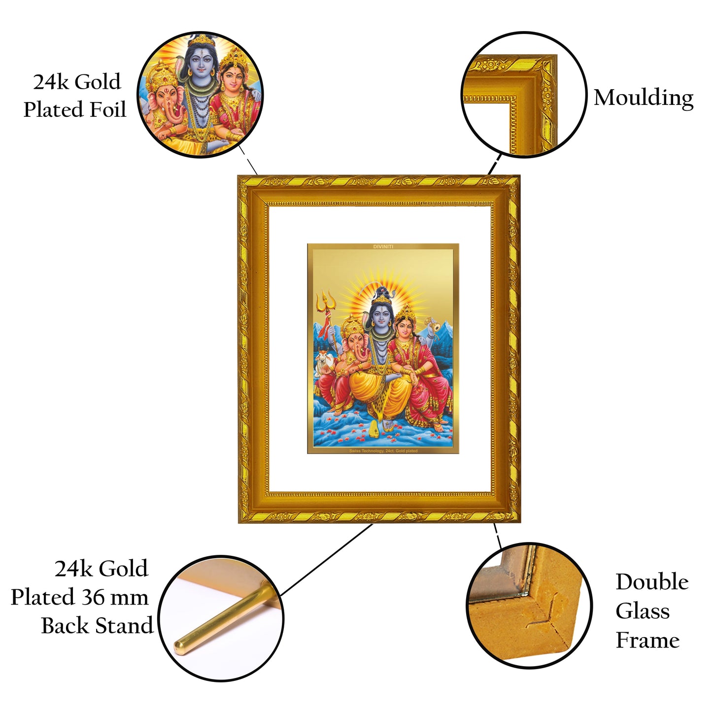 DIVINITI 24K Gold Plated Shiv Parivar Religious Photo Frame For Home Decor, Worship (21.5 X 17.5 CM)