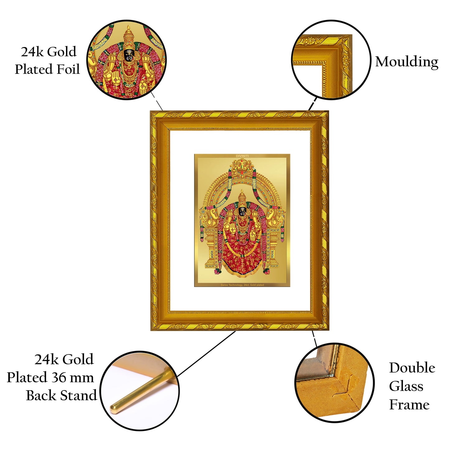 DIVINITI 24K Gold Plated Padmavathi Photo Frame For Home Wall Decor, Tabletop, Worship (21.5 X 17.5 CM)