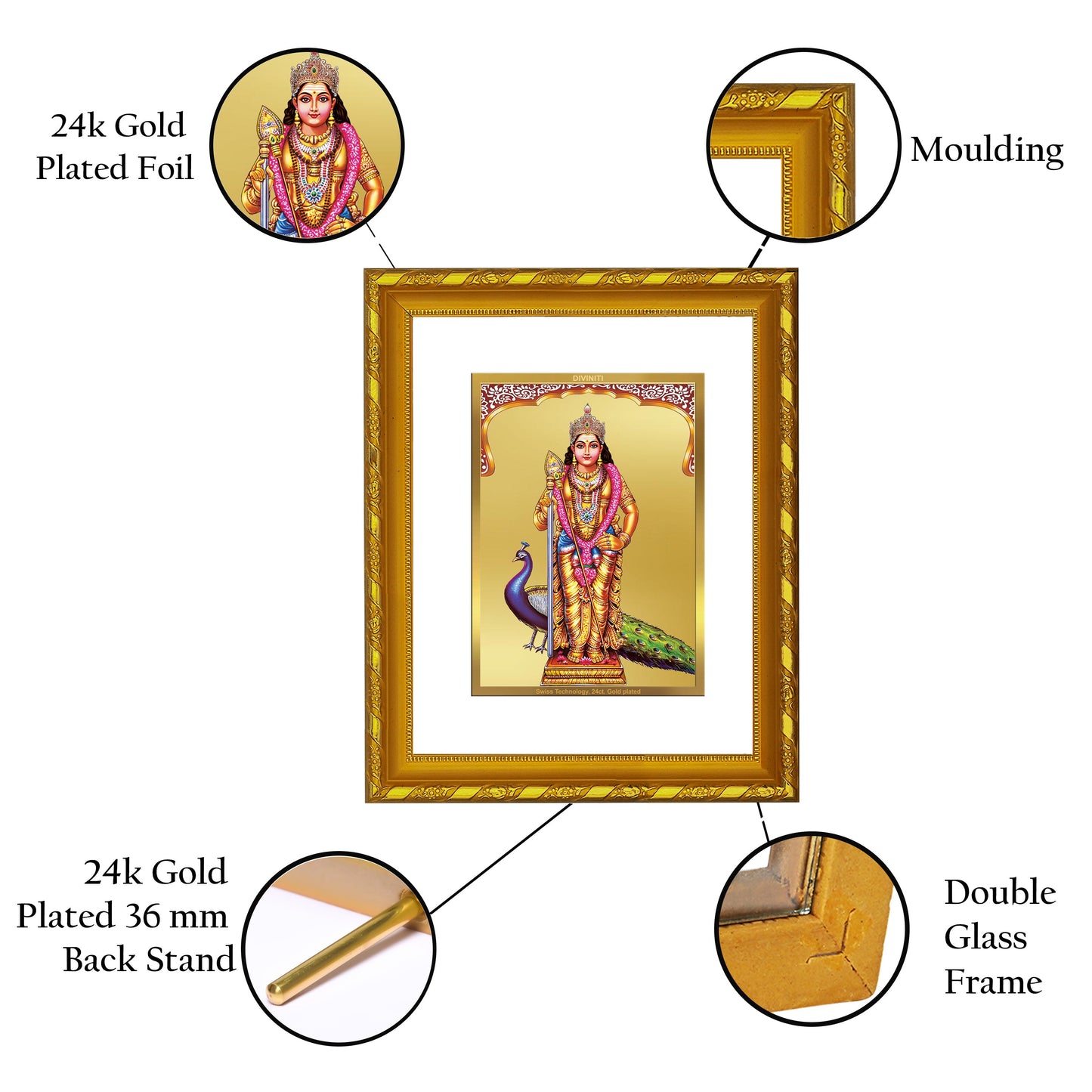 DIVINITI 24K Gold Plated Murugan Photo Frame For Home Wall Decor, Prayer, Festival (21.5 X 17.5 CM)