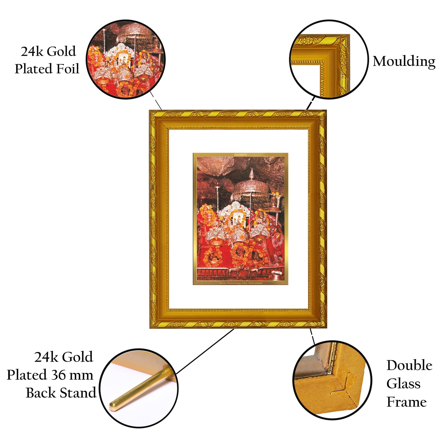 DIVINITI 24K Gold Plated Mata Ka Darbar Wall Photo Frame For Home Decor, Navratri Gift (21.5 X 17.5 CM)