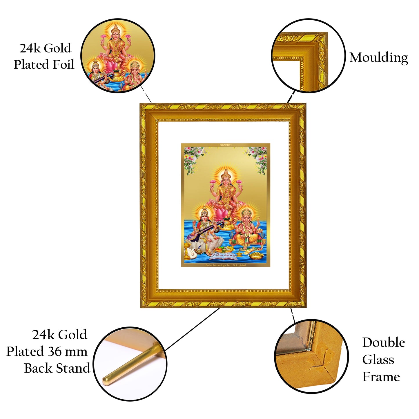 DIVINITI 24K Gold Plated Lakshmi Ganesha Saraswati Wall Photo Frame For Home Decor, Gift (21.5 X 17.5 CM)