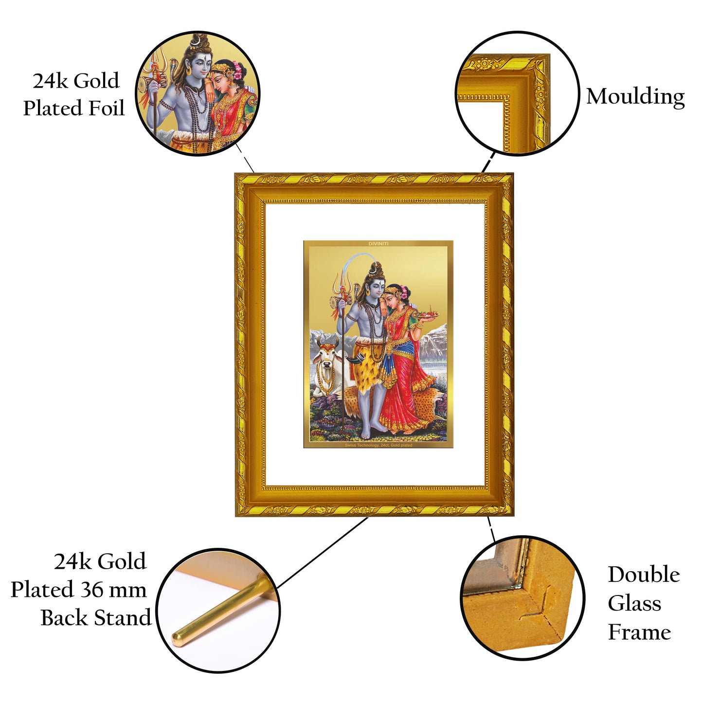 DIVINITI 24K Gold Plated Shiva Parvati Religious Photo Frame For Home Decor, Puja Room (21.5 X 17.5 CM)