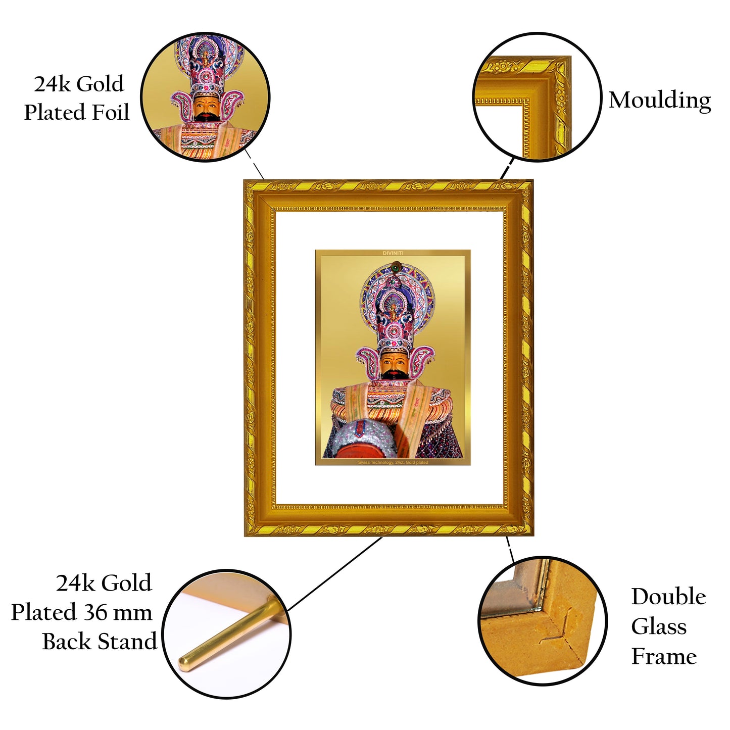 DIVINITI 24K Gold Plated Khatu Shyam Photo Frame For Home Wall Decor, Puja Room, Gift (21.5 X 17.5 CM)