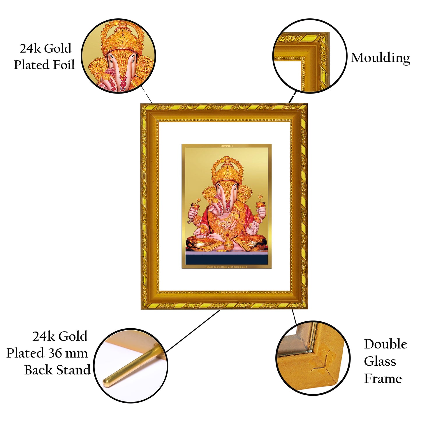 DIVINITI 24K Gold Plated Dagdu Ganesh Photo Frame For Home Wall Decor, Tabletop (21.5 X 17.5 CM)