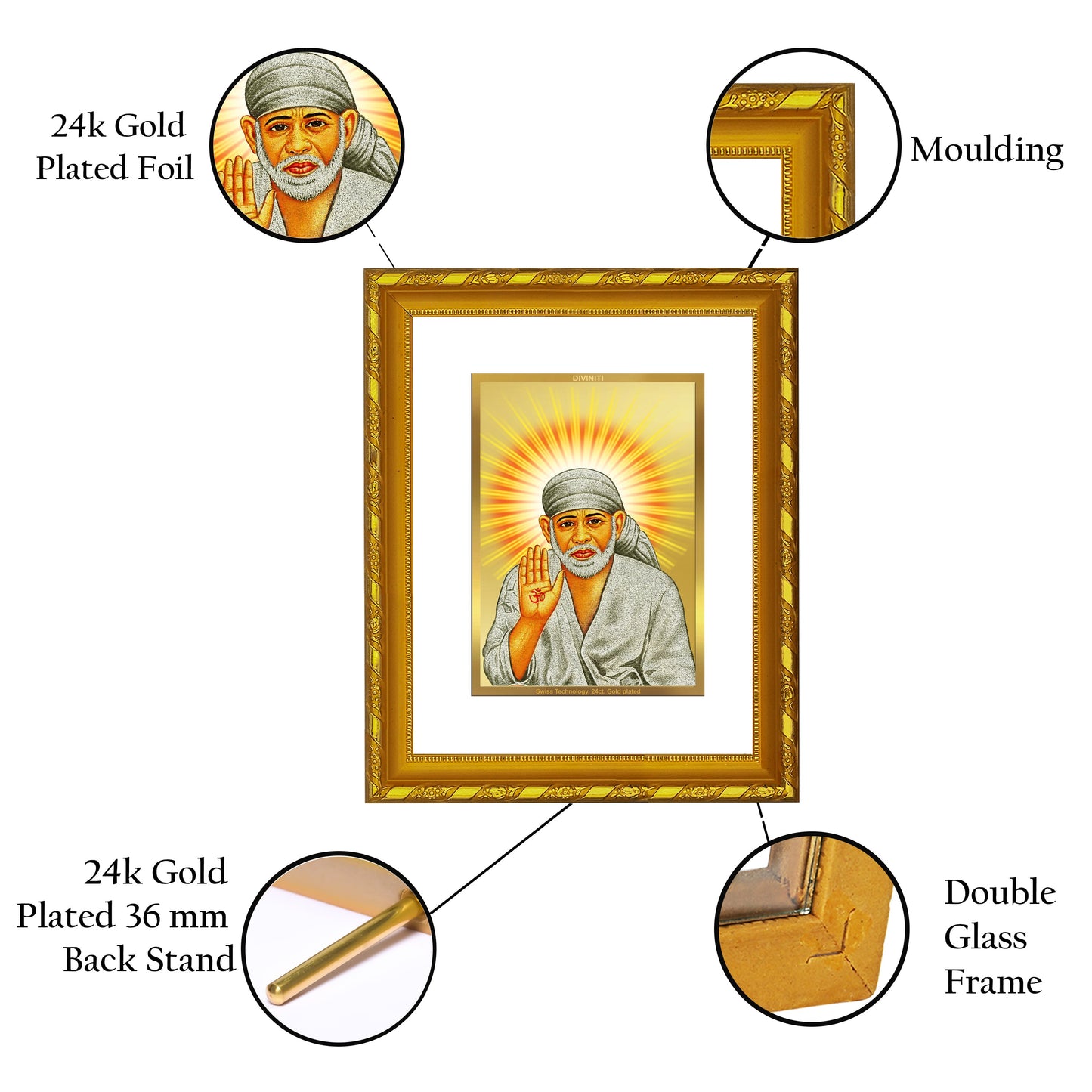 DIVINITI 24K Gold Plated Sai Baba Wall Photo Frame For Home Decor, Prayer, Luxury Gift (21.5 X 17.5 CM)