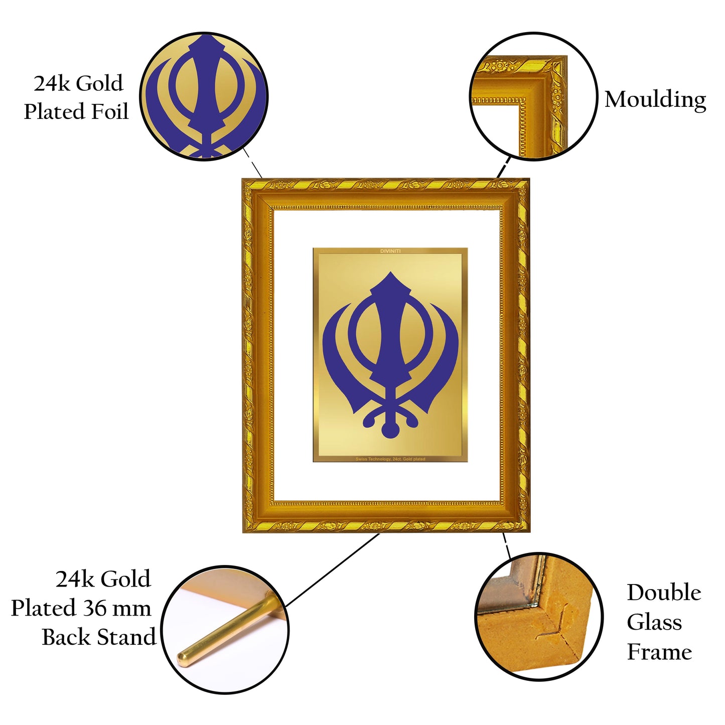 DIVINITI 24K Gold Plated Khanda Sahib Photo Frame For Home Wall Decor, Luxury Gift (21.5 X 17.5 CM)