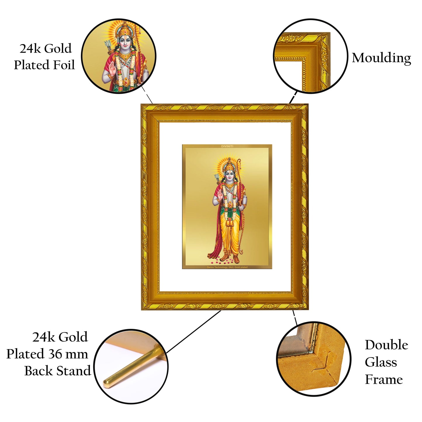 DIVINITI 24K Gold Plated Lord Ram Photo Frame For Home Wall Decor, TableTop (21.5 X 17.5 CM)