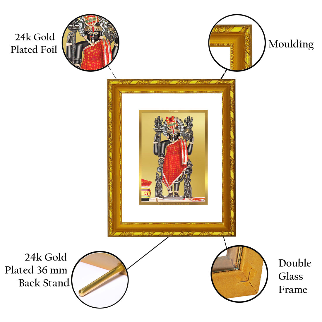 DIVINITI 24K Gold Plated Dwarkadhish Photo Frame For Home Wall Decor, Puja, Festive Gift (21.5 X 17.5 CM)