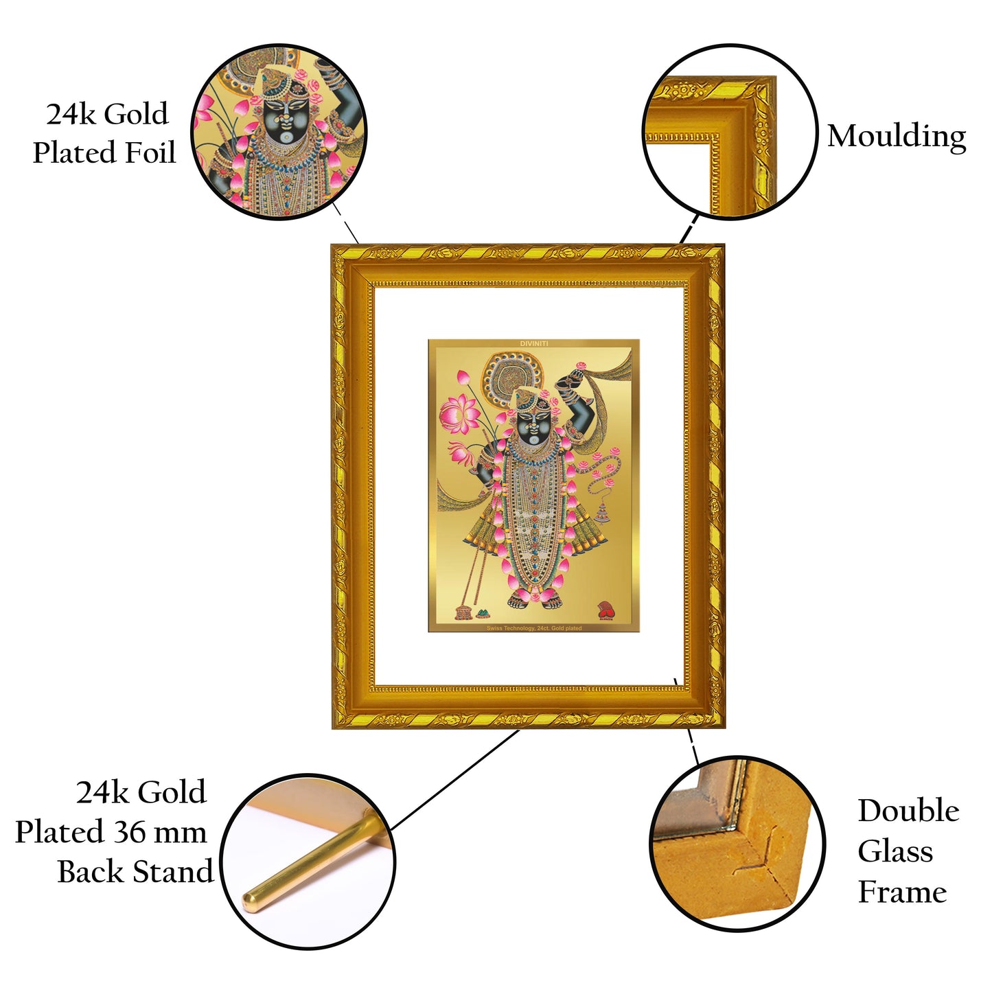 DIVINITI 24K Gold Plated Shrinathji Photo Frame For Home Wall Decor, Festival Gift (21.5 X 17.5 CM)