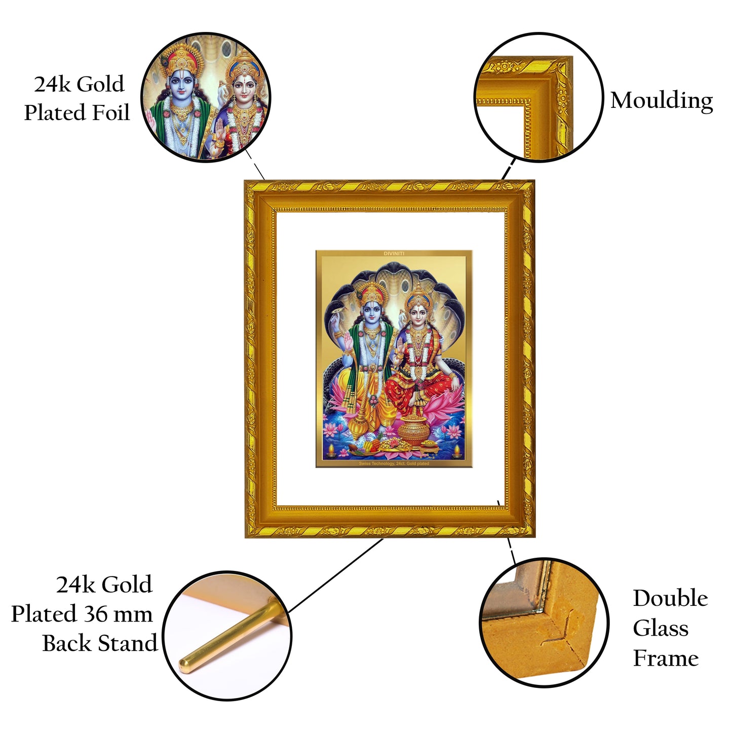 DIVINITI 24K Gold Plated Vishnu Lakshmi Photo Frame For Home Decor, Puja, Festival Gift (21.5 X 17.5 CM)