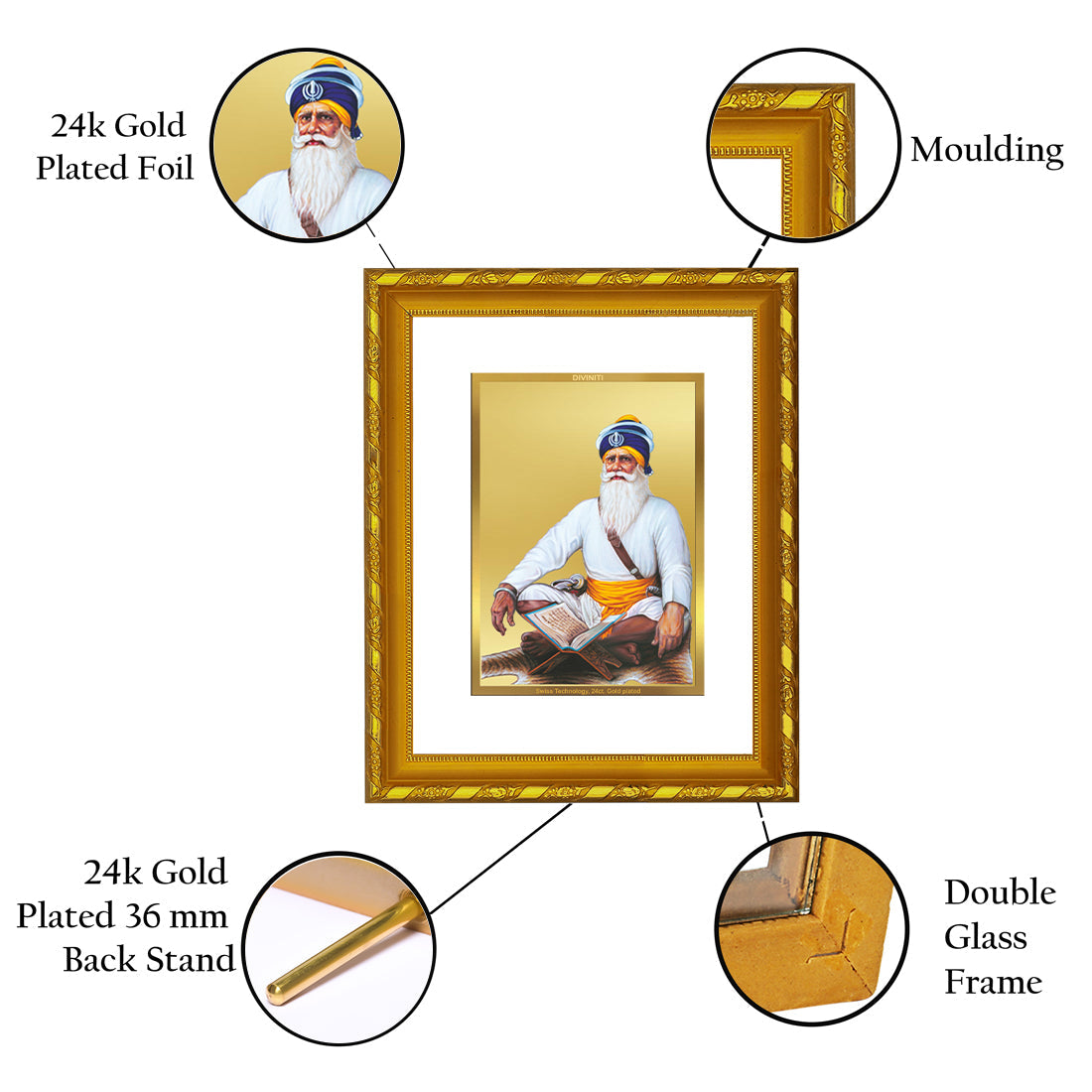 DIVINITI 24K Gold Plated Baba Deep Singh Photo Frame For Home Wall Decor, Worship (21.5 X 17.5 CM)