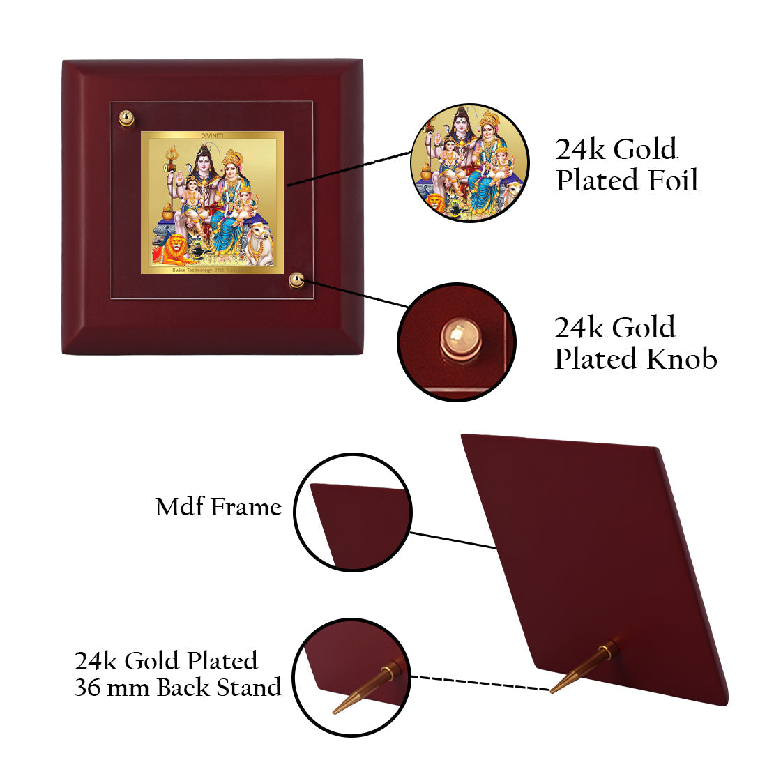 Diviniti 24K Gold Plated Shiv Parivar Photo Frame For Home Decor, Table Tops, Puja, Gift (10 x 10 CM)