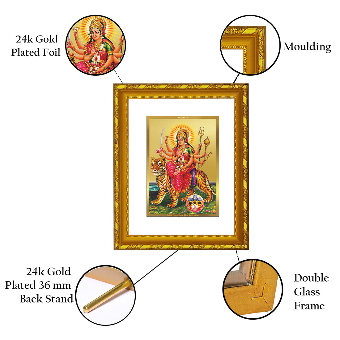 DIVINITI 24K Gold Plated Durga Ji Photo Frame For Home Decor, Puja, Festive Gift (21.5 X 17.5 CM)