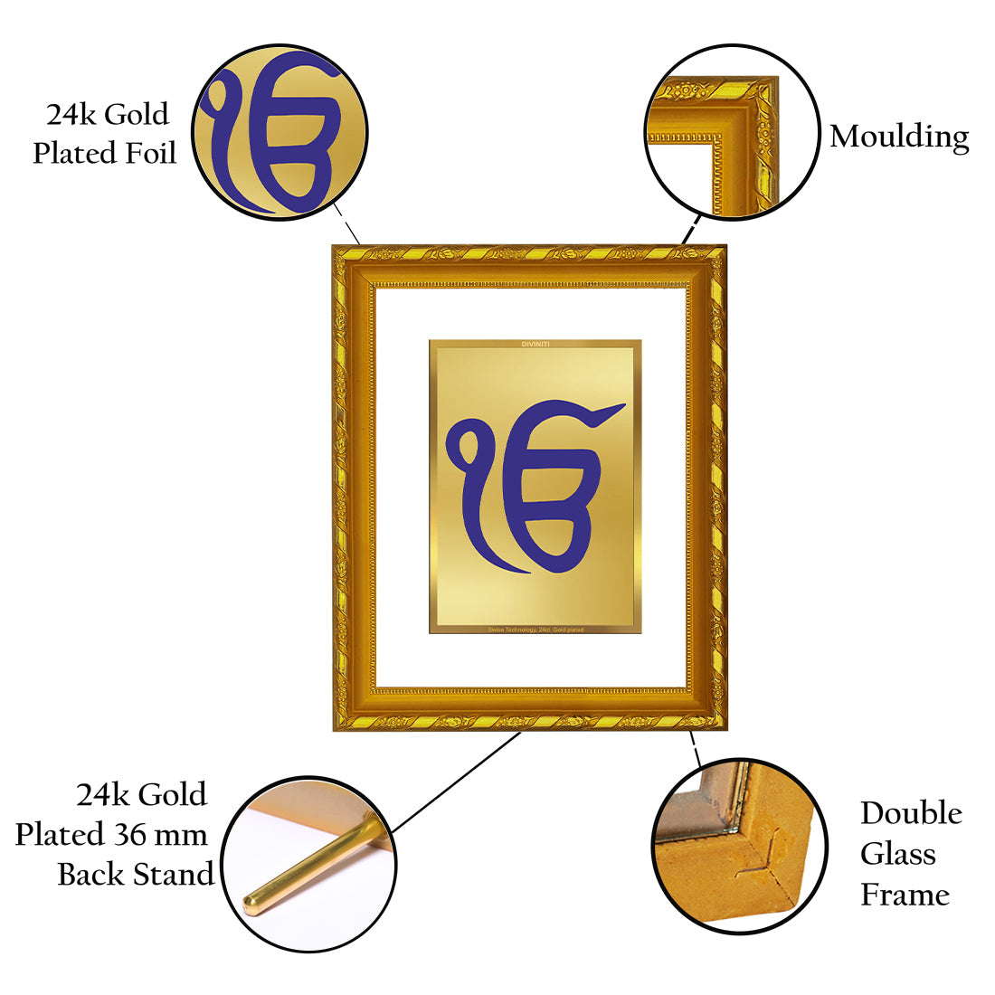 DIVINITI 24K Gold Plated Ik Onkar Wall Photo Frame For Home Decor, Tabletop, Gift (21.5 X 17.5 CM)