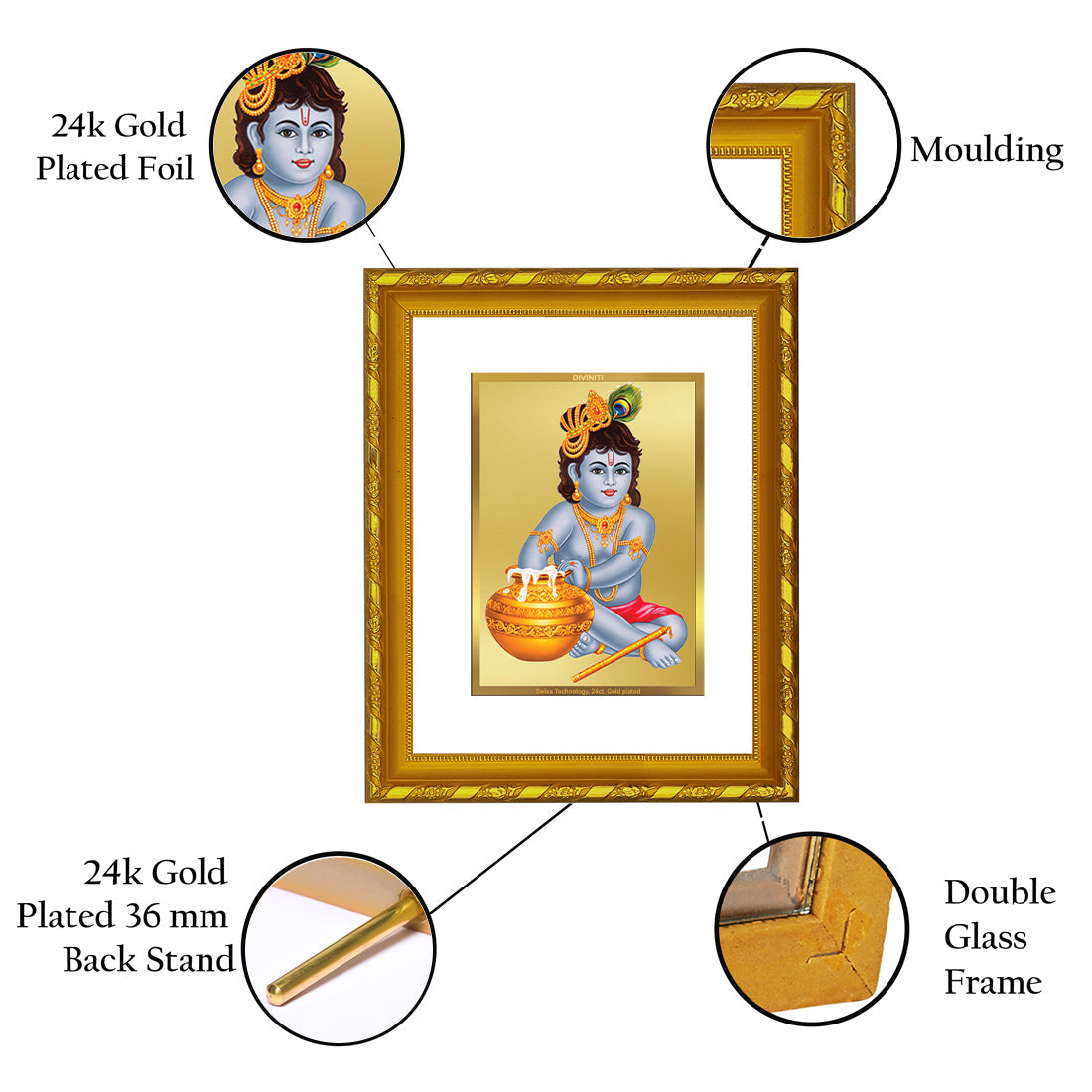 DIVINITI 24K Gold Plated Bal Gopal Wall Photo Frame For Home Decor, Tabletop, Puja (21.5 X 17.5 CM)