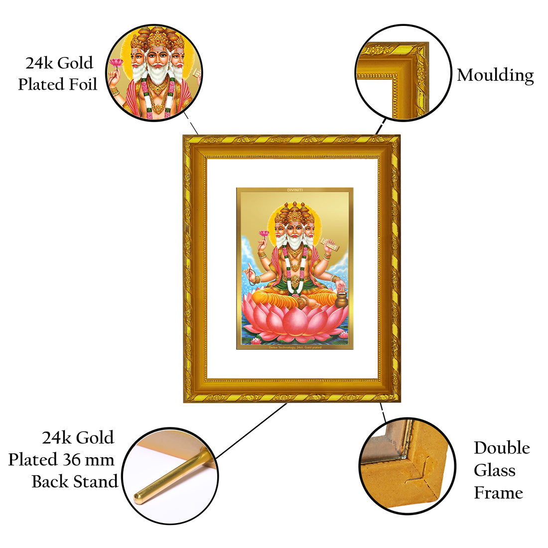 DIVINITI 24K Gold Plated Brahma Ji Wall Photo Frame For Home Decor, Tabletop, Gift (21.5 X 17.5 CM)