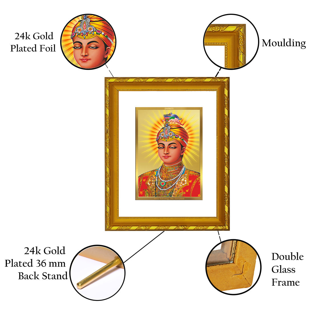 DIVINITI 24K Gold Plated Guru Harkrishan Wall Photo Frame For Home Decor, Living Room (21.5 X 17.5 CM)