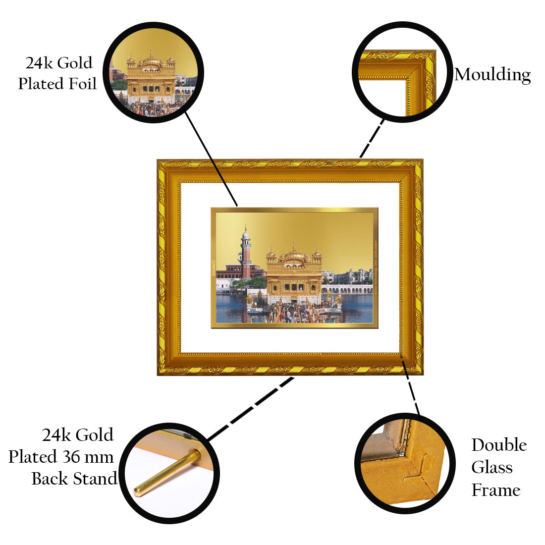 DIVINITI 24K Gold Plated Golden Temple Photo Frame For Home Wall Decor, Luxury Gift (21.5 X 17.5 CM)