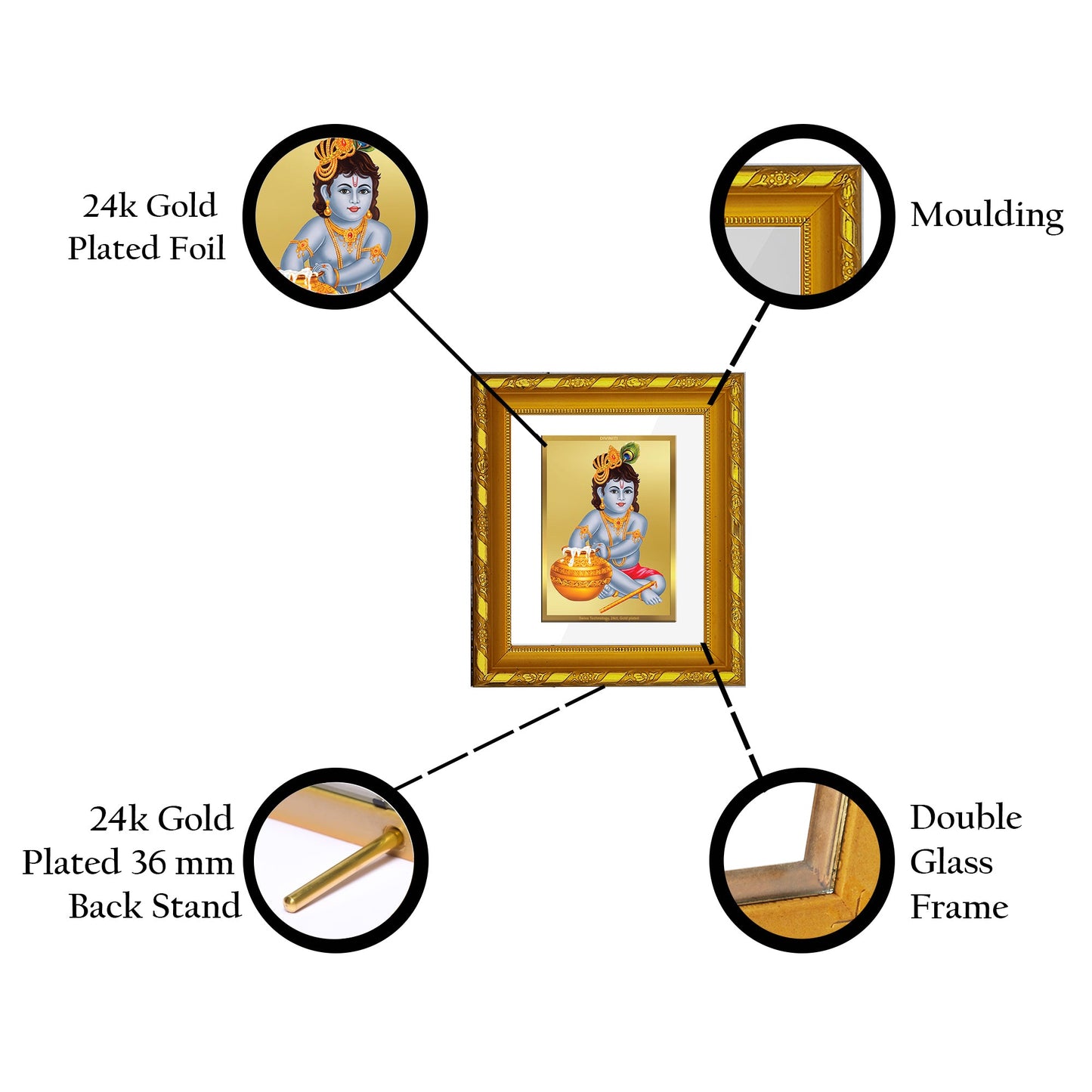 DIVINITI 24K Gold Plated Bal Gopal Photo Frame For Home Decor Showpiece, Wall Decor (15.0 X 13.0 CM)