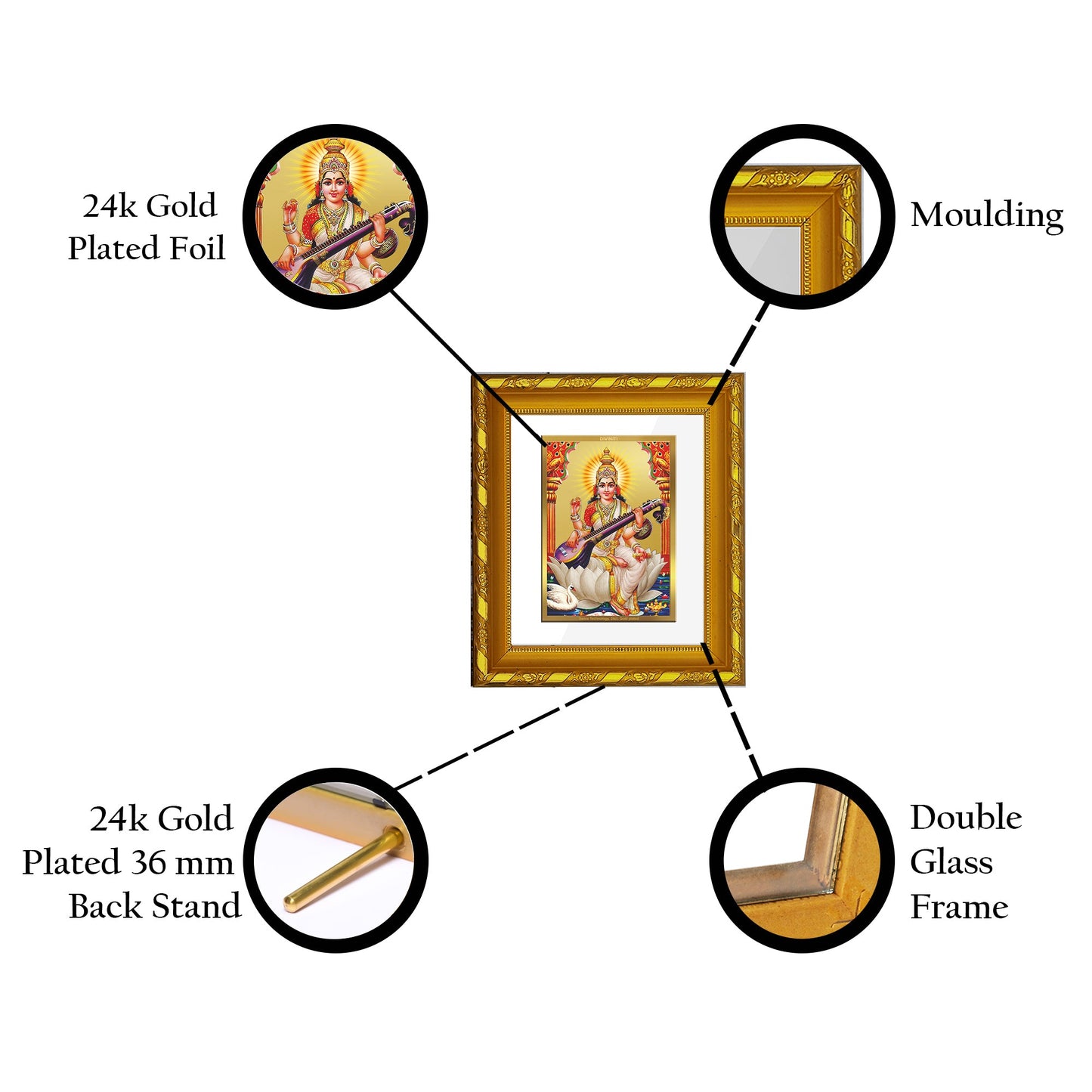 DIVINITI 24K Gold Plated Saraswati Mata Wall Photo Frame For Home Decor, Office, Gift (15.0 X 13.0 CM)