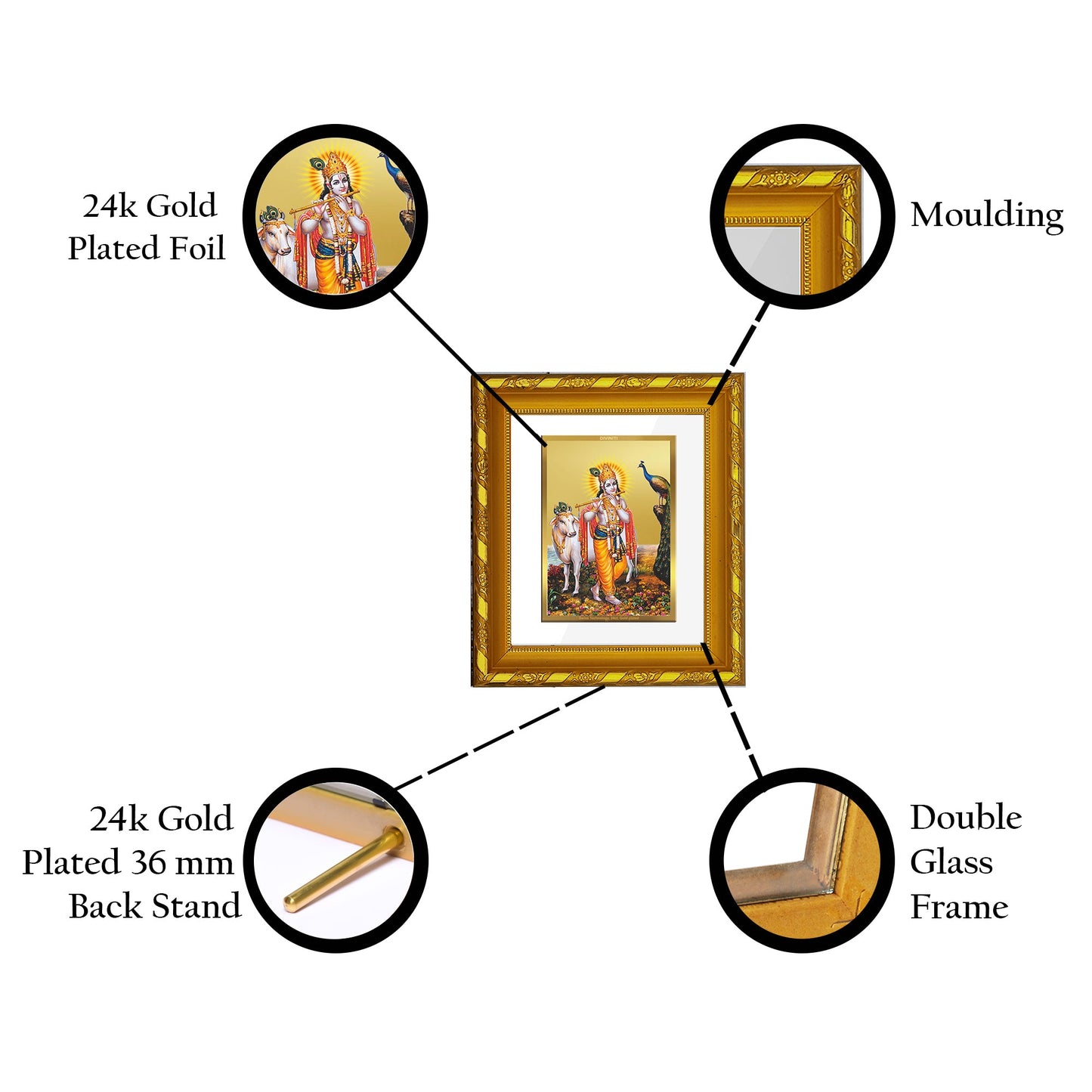 DIVINITI 24K Gold Plated Lord Krishna Wall Photo Frame For Home Decor, Festival Gift (15.0 X 13.0 CM)