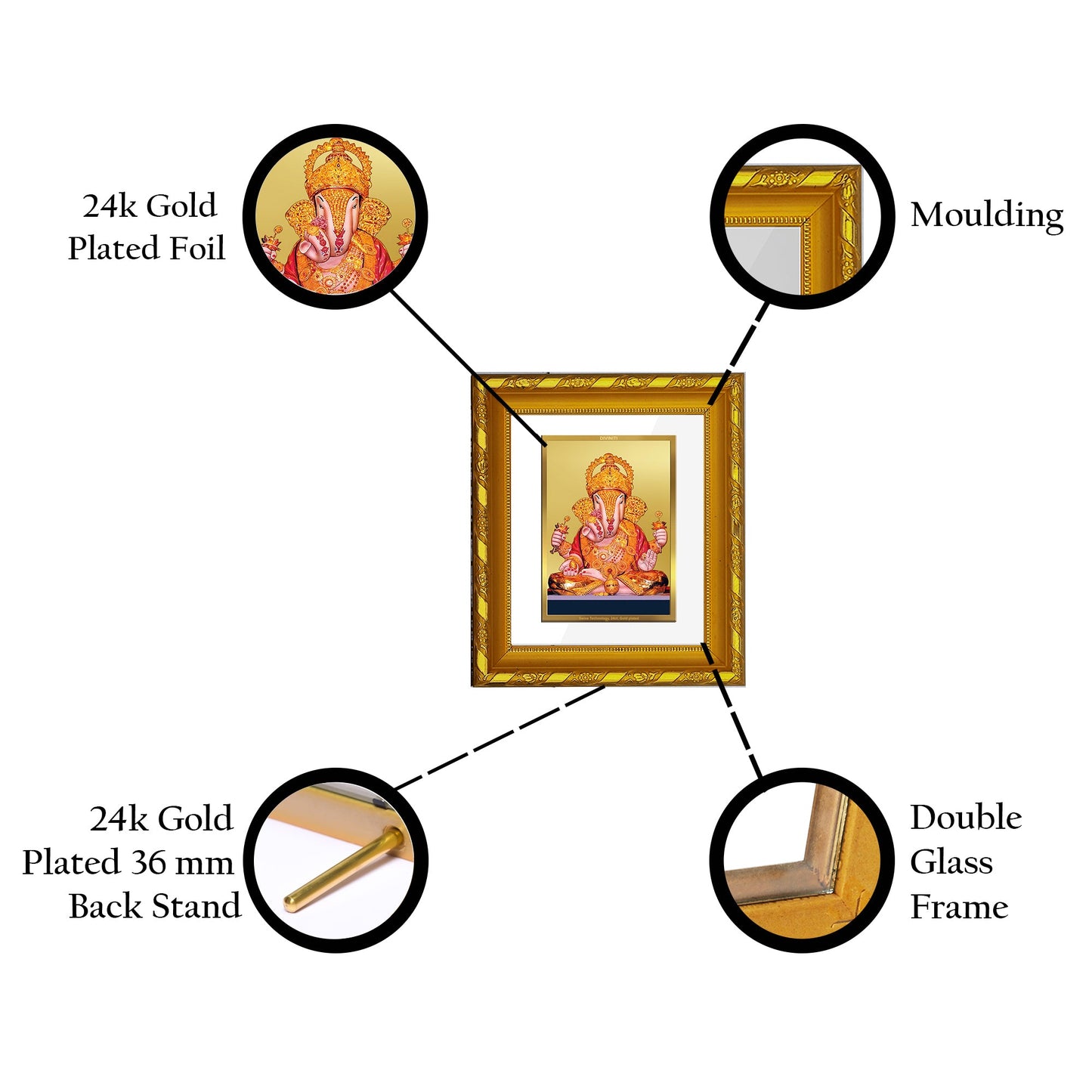 DIVINITI 24K Gold Plated Dagdu Ganesha Photo Frame For Home Decor, Prosperity, Luck (15.0 X 13.0 CM)