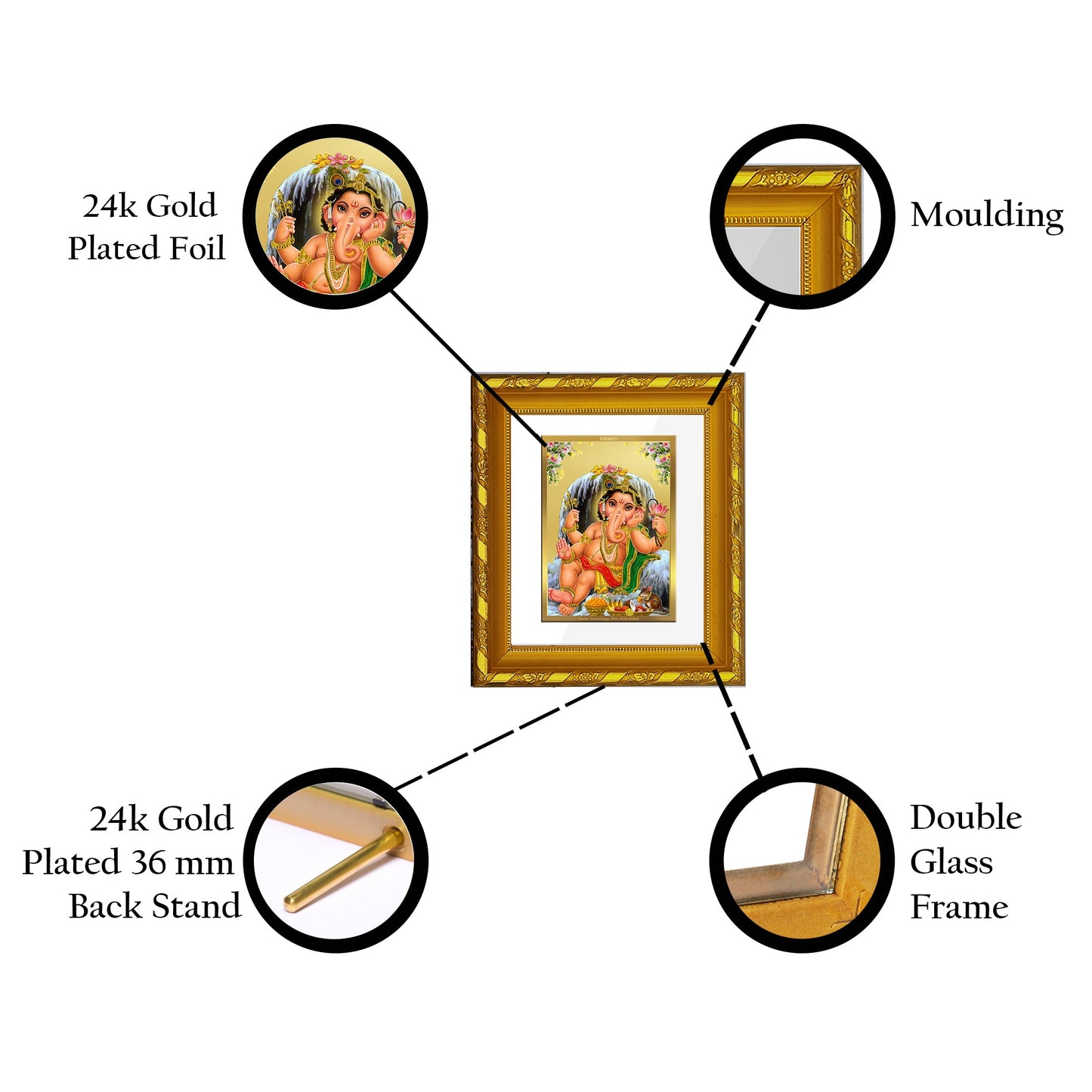 DIVINITI 24K Gold Plated Bal Ganesha Photo Frame For Home Wall Decor, Festival Gift (15.0 X 13.0 CM)