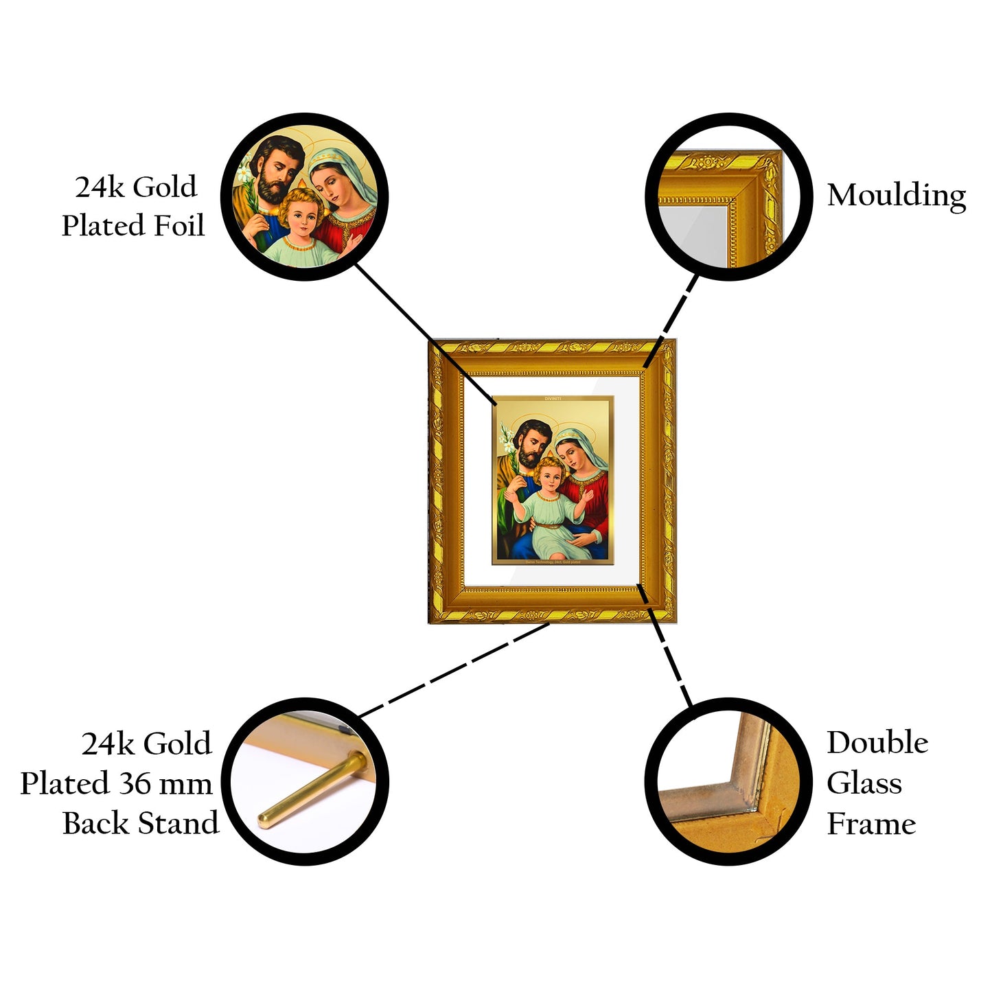 DIVINITI 24K Gold Plated Holy Family Wall Photo Frame For Home Decor, Exclusive Gift (15.0 X 13.0 CM)