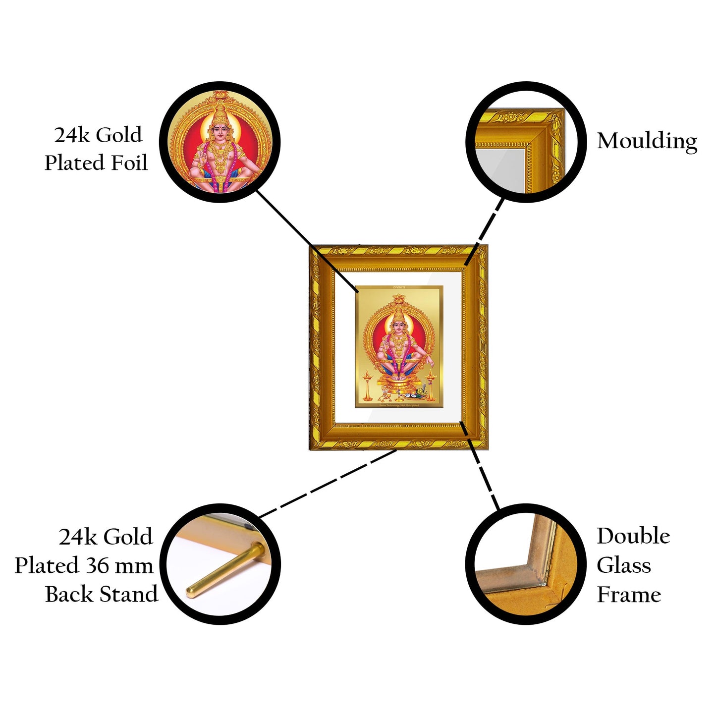 DIVINITI 24K Gold Plated Ayyappan Photo Frame For Home Wall Decor, Puja Room, Gift (15.0 X 13.0 CM)