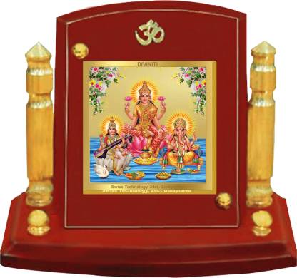 Diviniti 24K Gold Plated Lakshmi Ganesha Saraswati For Car Dashboard, Home Decor, Puja (7 x 9 CM)