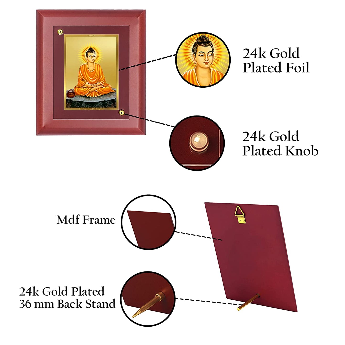 DIVINITI Buddha Gold Plated Wall Photo Frame, Table Decor| MDF 2 Wooden Wall Photo Frame and 24K Gold Plated Foil| Religious Photo Frame Idol For Pooja, Gifts Items (20.0CMX16.0CM)