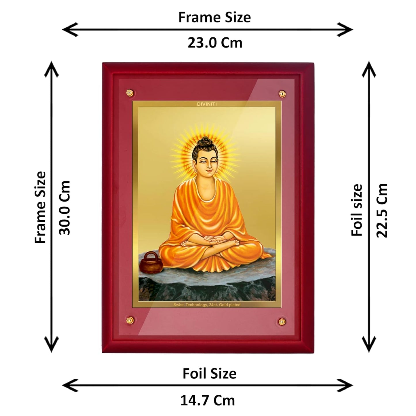 DIVINITI Buddha Gold Plated Wall Photo Frame, Table Décor| MDF 3 Wooden Wall Photo Frame and 24K Gold Plated Foil| Religious Photo Frame Idol For Pooja, Gifts Items (30.0CMX23.0CM)