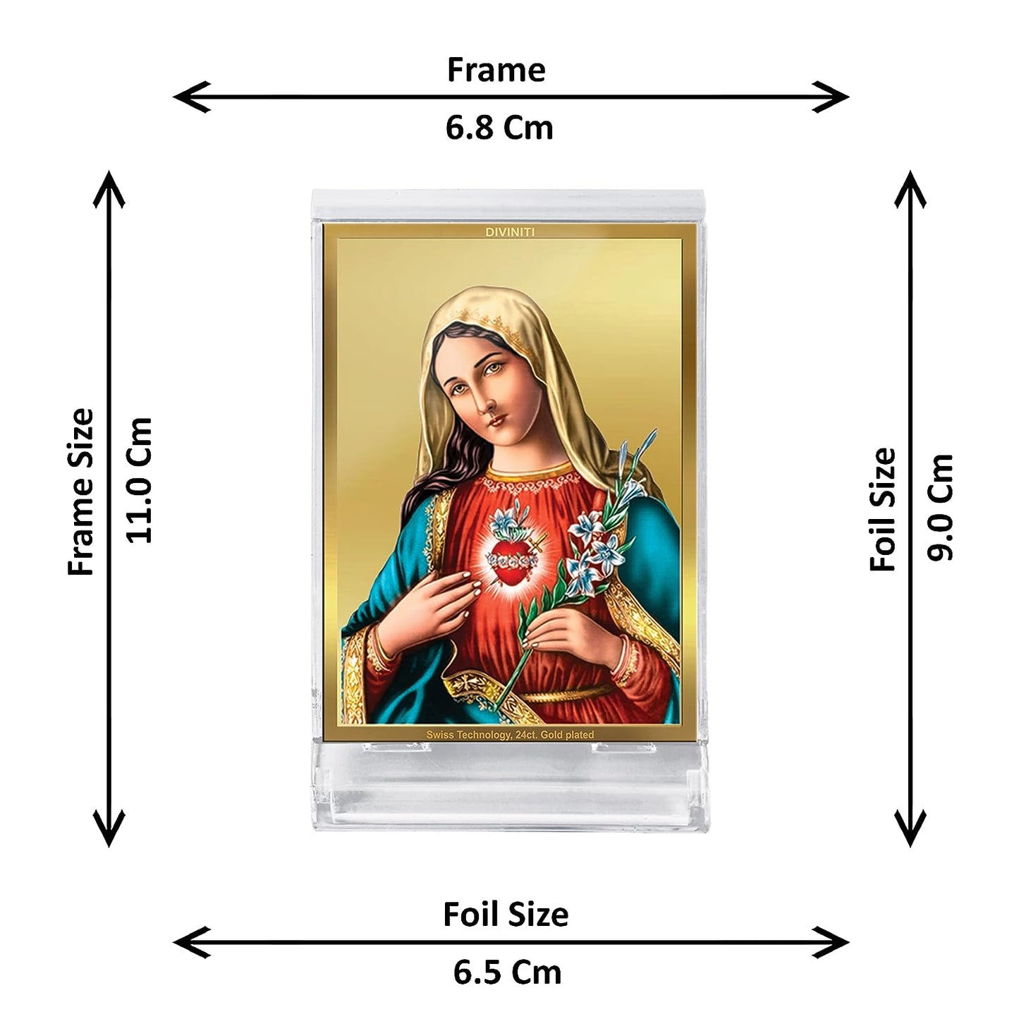 Diviniti 24K Gold Plated Mother Mary Frame For Car Dashboard, Home Decor, Festival Gift (11 x 6.8 CM)