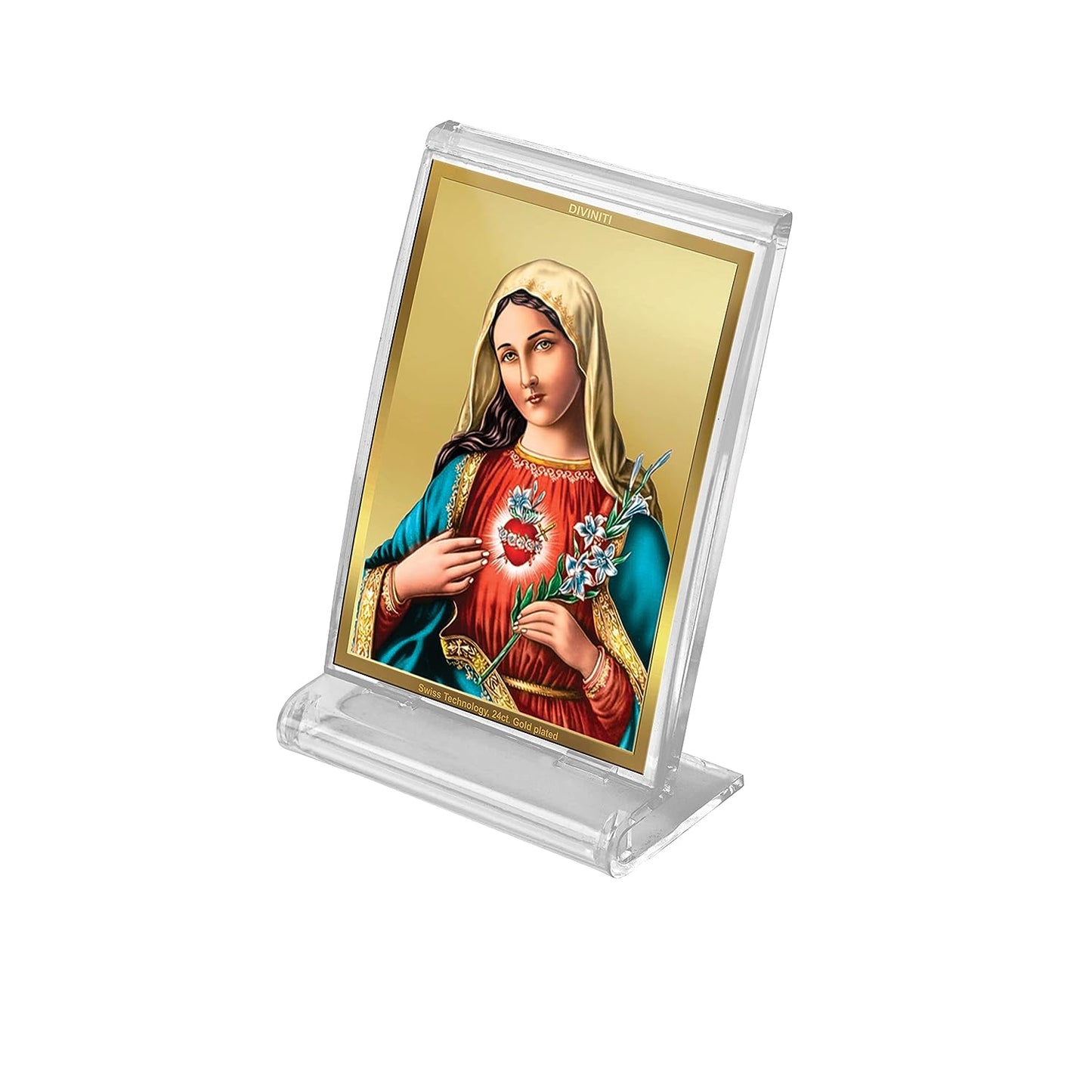 Diviniti 24K Gold Plated Mother Mary Frame For Car Dashboard, Home Decor, Festival Gift (11 x 6.8 CM)