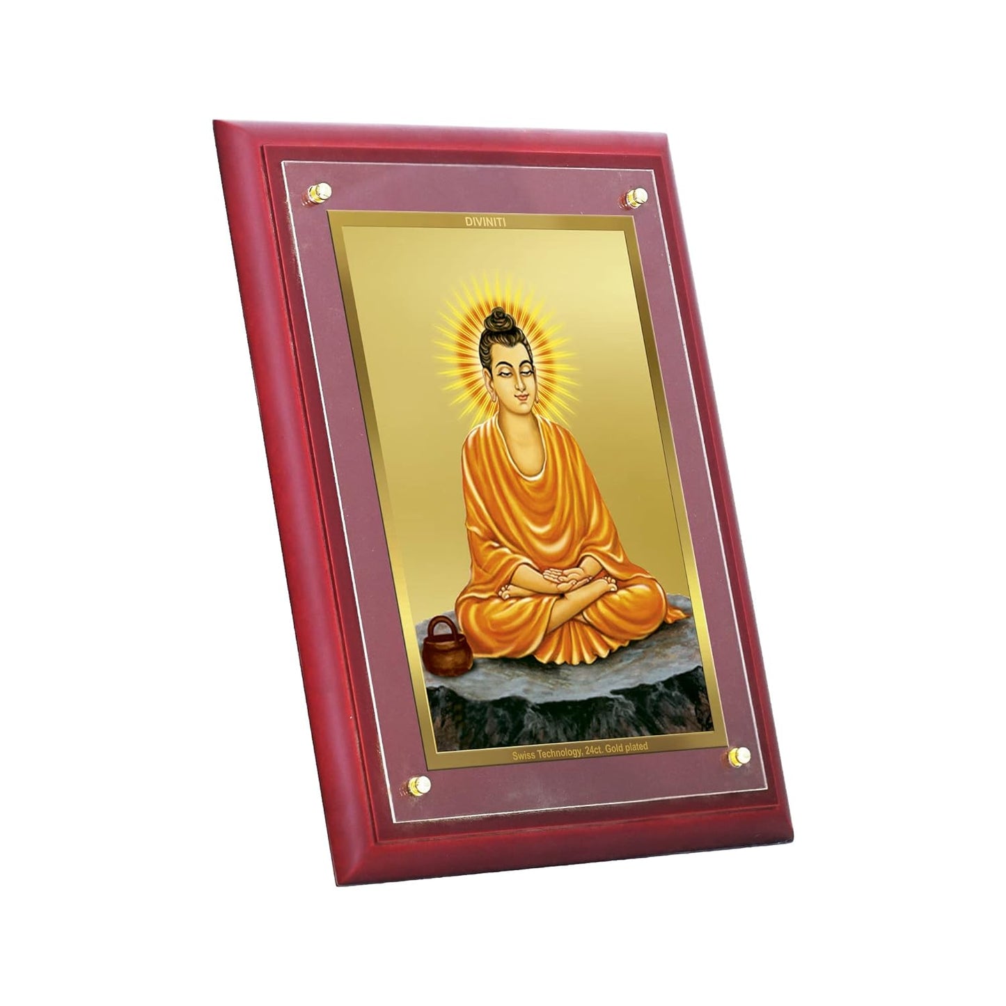 DIVINITI Buddha Gold Plated Wall Photo Frame, Table Décor| MDF 3 Wooden Wall Photo Frame and 24K Gold Plated Foil| Religious Photo Frame Idol For Pooja, Gifts Items (30.0CMX23.0CM)