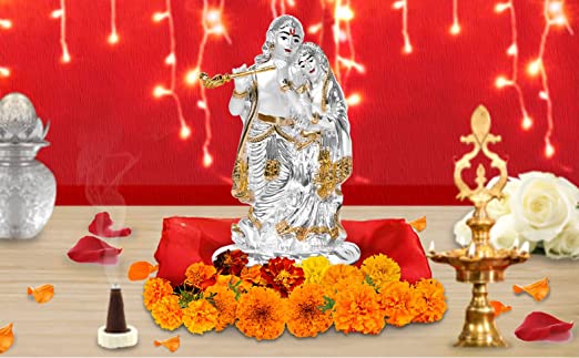 DIVINITI 999 Silver Plated Radha Krishna Idol For Home Decor Showpiece, Puja, Luxury Gift (11.4 X 6 CM)