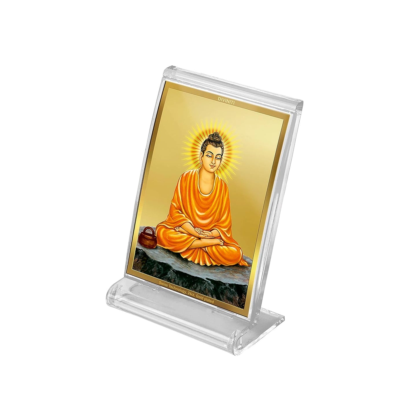 Diviniti 24K Gold Plated Buddha Frame For Car Dashboard, Home Decor, Table Top, Festival Gift (11 x 6.8 CM)