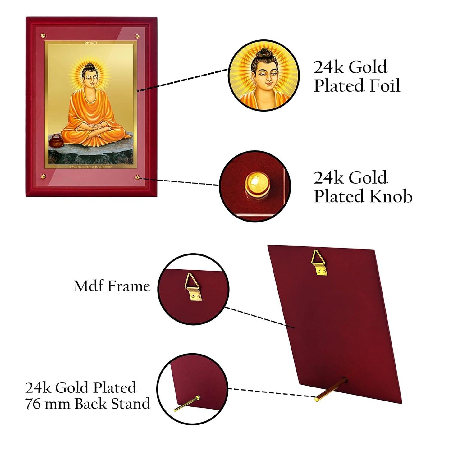 DIVINITI Buddha Gold Plated Wall Photo Frame, Table Décor| MDF 3 Wooden Wall Photo Frame and 24K Gold Plated Foil| Religious Photo Frame Idol For Pooja, Gifts Items (30.0CMX23.0CM)