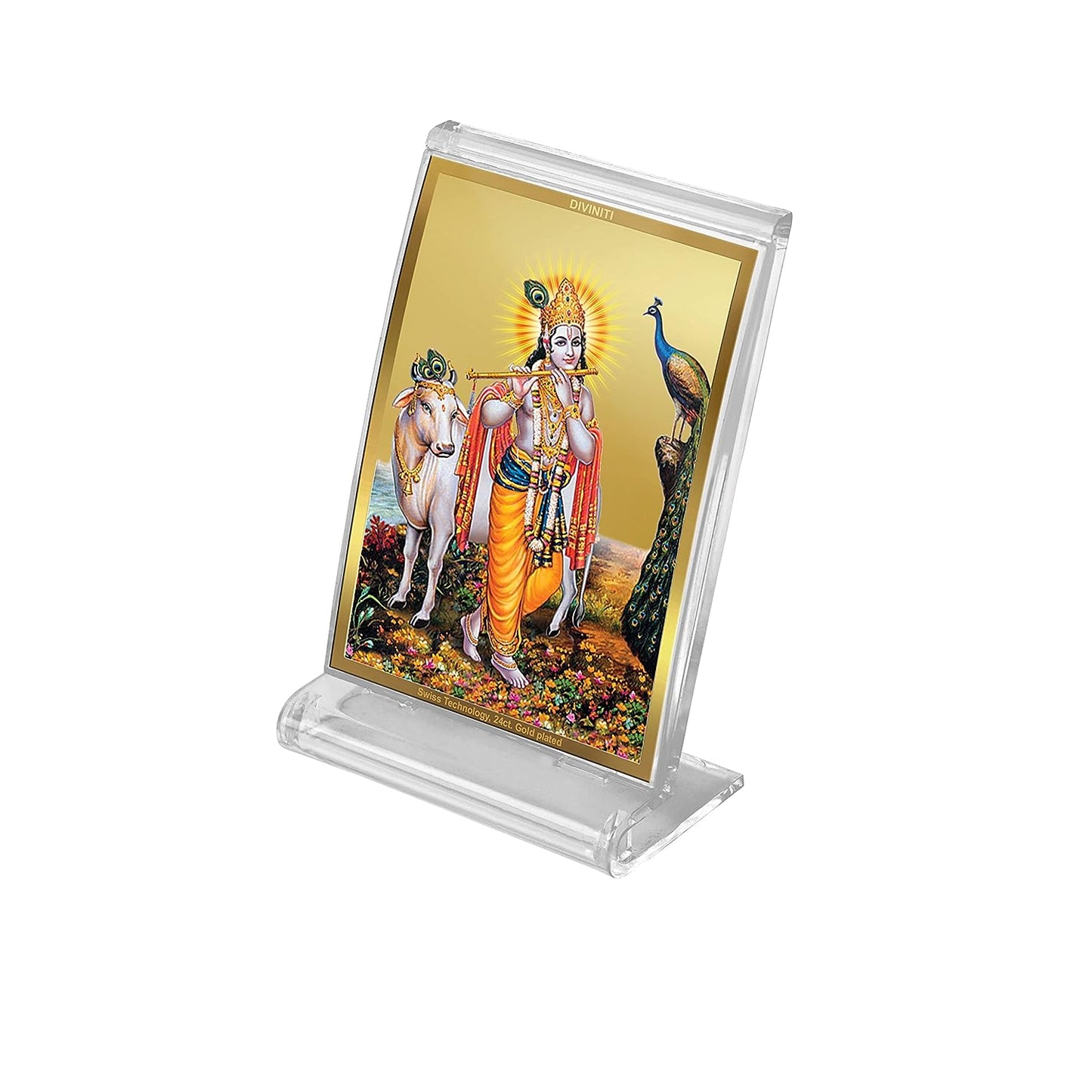 Diviniti 24K Gold Plated Lord Krishna Frame For Car Dashboard, Home Decor, Table Top, Gift (11 x 6.8 CM)