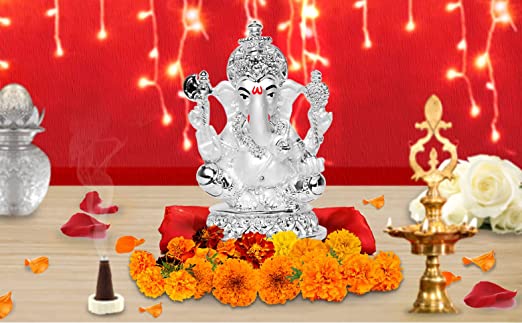 DIVINITI 999 Silver Plated Lord Ganesha Idol For Home Decor Showpiece, Puja Room, Gift (10 X 7 CM)