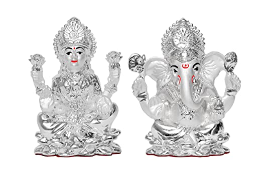 DIVINITI 999 Silver Plated Laxmi Ganesha Idol For Home Decor, Worship, Festival Gift (9.5 X 6.5 CM)