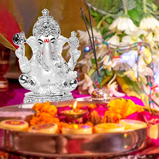 DIVINITI 999 Silver Plated Lord Ganesha Idol For Home Decor Showpiece, Puja Room, Gift (10 X 7 CM)