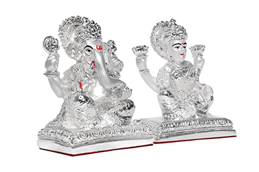 DIVINITI 999 Silver Plated Lakshmi Ganesha Idol For Home Decor, Diwali Gift, Puja Room (10 X 7 CM)