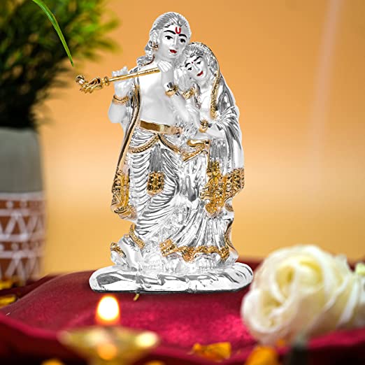 DIVINITI 999 Silver Plated Radha Krishna Idol For Home Decor Showpiece, Puja, Luxury Gift (11.4 X 6 CM)