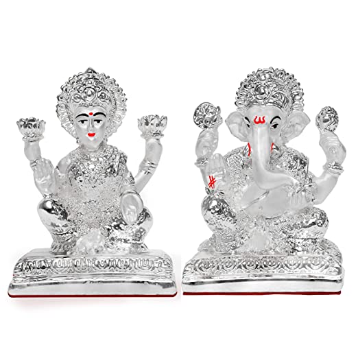 DIVINITI 999 Silver Plated Lakshmi Ganesha Idol For Home Decor, Diwali Gift, Puja Room (10 X 7 CM)