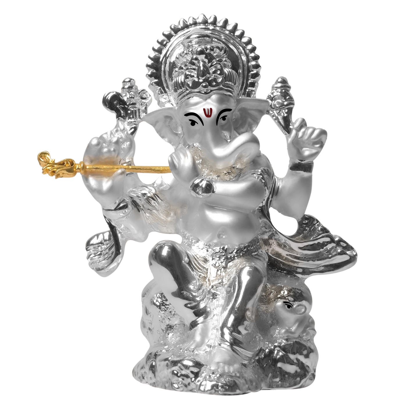 DIVINITI 999 Silver Plated Ganesha with Flute Idol For Home Decor Showpiece, Prosperity (3.4 X 8.5 CM)