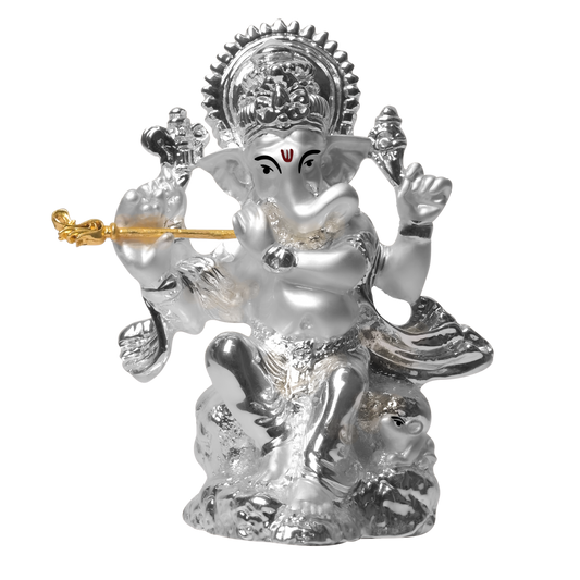 DIVINITI 999 Silver Plated Ganesha with Flute Idol For Home Decor Showpiece, Prosperity (3.4 X 8.5 CM)