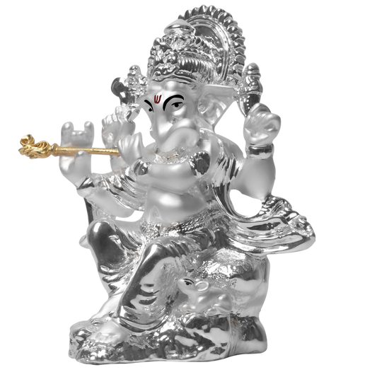 DIVINITI 999 Silver Plated Ganesha with Flute Idol For Home Decor Showpiece, Prosperity (3.4 X 8.5 CM)