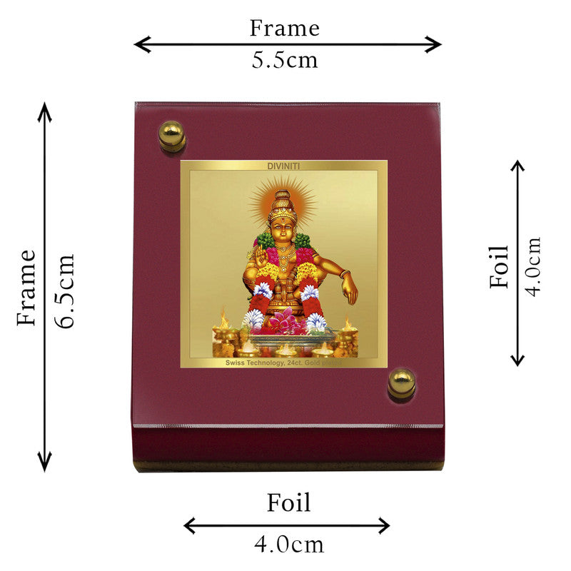 Diviniti 24K Gold Plated Ayyappan Ji Frame For Car Dashboard Showpiece, Home Decor, Prayer, Gift (5.5 x 6.5 CM)